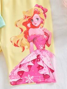 4pcs Young Girl Mermaid & Castle Print Leggings/Shorts Set