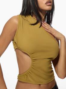 MISSGUIDED Asymmetric One Shoulder Cut Out Crop Top Club Party Ruched Side Detail Sleeveless Fashion Statement Evening Tank Christmas