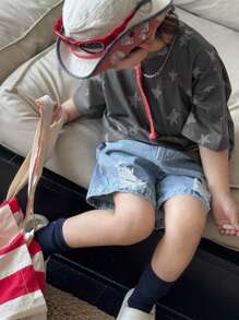 DAZY 2 件套幼儿男孩圆领星星印花短袖上衣和牛仔裤休闲装 - 淺色水洗藍 - 查看 5