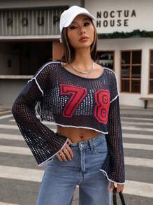 SHEIN Unity Vintage Hollow Netted Stylish Crop Knit Cover Up Sweater, Spring/Summer Knit Pullover Fall Winter - Royal Blue - View 6