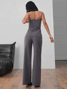 EURMUSE Women's Solid Gold Button Detailed Suit Set - Grey - View 2