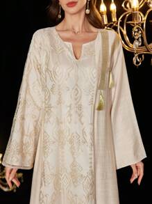 Al Najma 刺绣网眼流苏装饰土耳其和阿拉伯风格女士长裙、卡夫坦和贾拉比亚，端庄 - 卡其色 - 查看 4