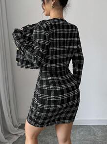 SHEIN Privé Vestido de cóctel elegante y holgado en color contraste blanco y negro de estilo académico retro para ocasiones de moda como citas, fiestas, conciertos y eventos sociales de alto nivel para mujeres de talla grande - Blanco y Negro - Ver 7