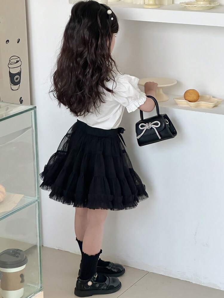 2pcs/Set Young Girl Solid Color Short Sleeve Ruched Top And Mini Skirt Set,Girls Summer Outfits