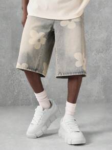 SUMWON 设计师花卉印花牛仔百慕大短裤复古水洗宽松夏季街头风格休闲棉质长款男式都市时尚牛仔短裤 - 藍色 - 查看 1