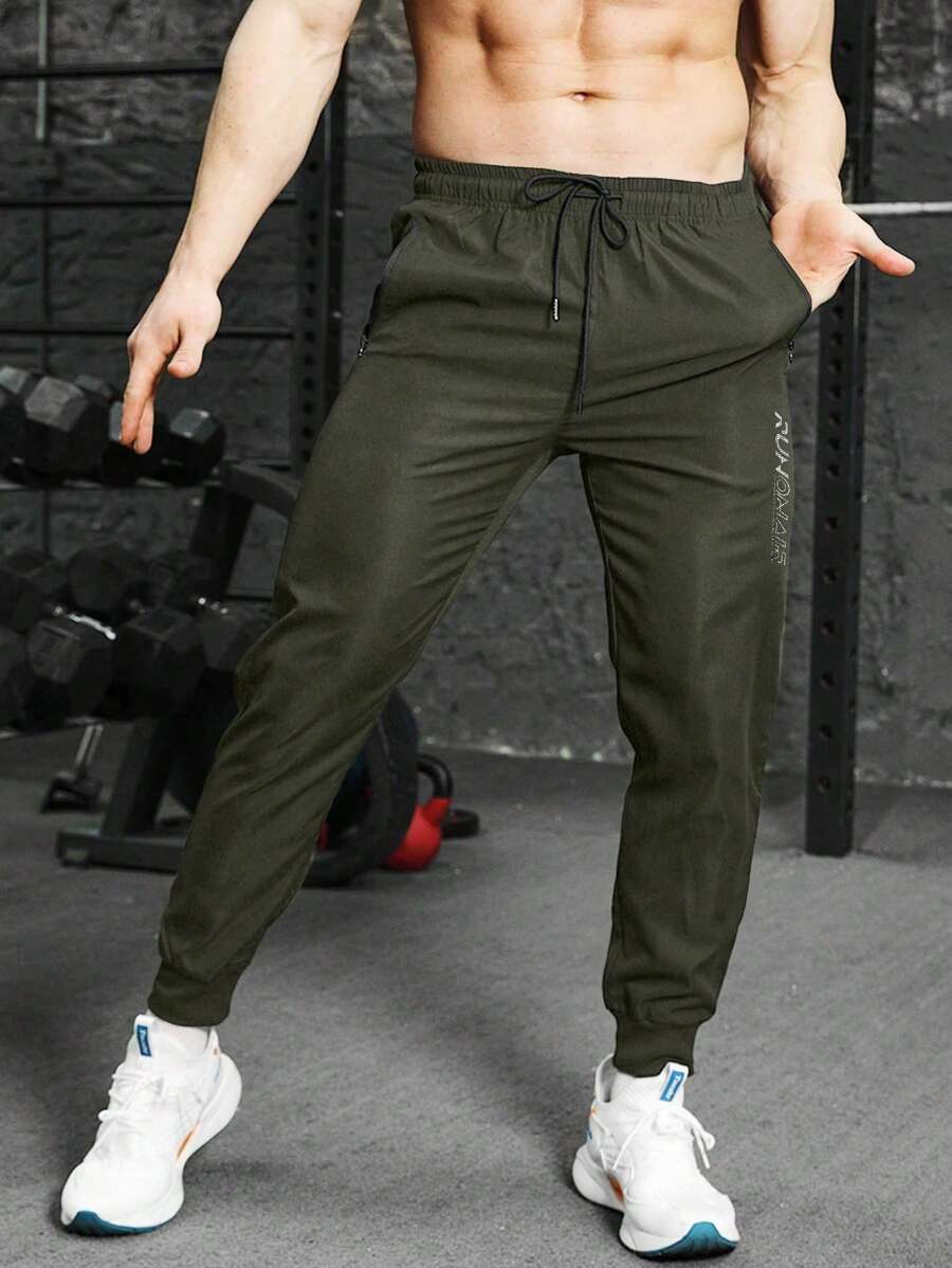 Manfinity Fitness Men's Letter Print Lace-Up Pocket Casual Sweatpants Sweat Pants - Dark Green - View 1