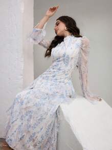 Graceveil Women's Floral Print Ruffled Trim Tie-Back Modest Elegant Dress - Multicolor - View 3