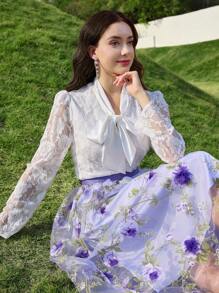 Modelyn Women Floral Lace-Up Front Long Sleeve Elegant Blouse