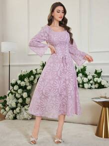Modelyn Drawstring Trumpet Sleeve Lined Dress - Dusty Pink - View 6