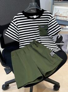 SHEIN 2pcs/Set Young Boys' Comfortable, Breathable And Affordable Daily Loose Fit Striped Short Sleeved T-Shirt And Casual Cool Workwear Shorts Two-Piece Set, Suitable For Spring And Summer Seasons, Suitable For Daily Use, Suitable For Sports, Suitable For Campus, Suitable For Gatherings, Suitable For Festivals, Suitable For Performances, Suitable For Photography - Multicolor - View 2