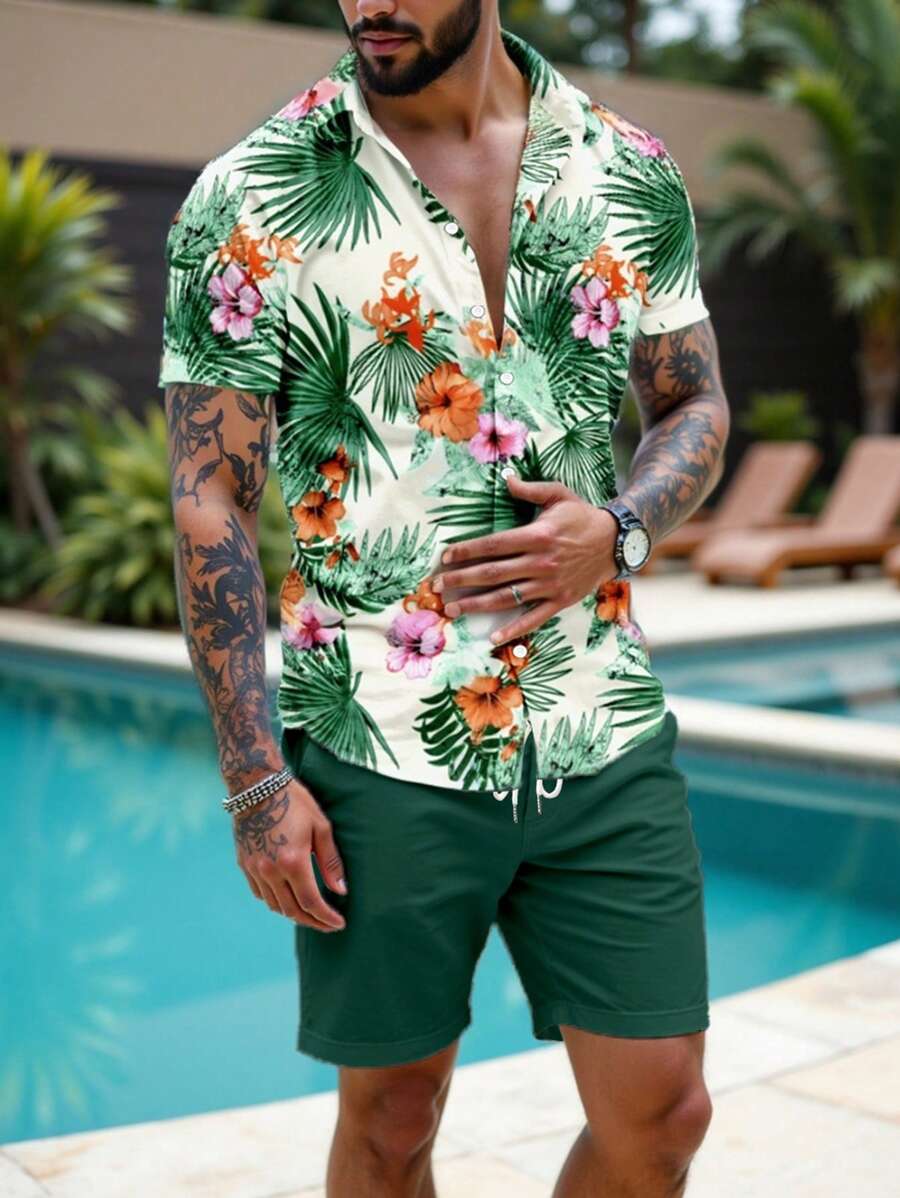 Manfinity RSRT 男士热带印花短袖衬衫和短裤套装
