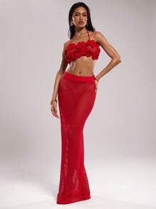 SHEIN BAE Women's Hollow Out Knit Backless Halter Crop Top And Extra Long Skirt 2pcs Set In Fall/Winter - Burgundy - View 5