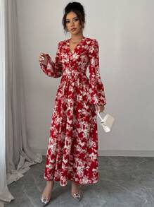 Modelyn 女士花卉印花灯笼袖连衣裙长款女装 - 紅色 - 查看 5