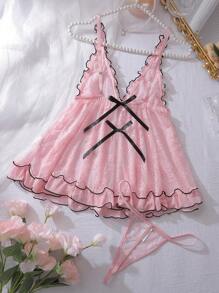 PetitDoll 2pcs Lovely Sexy Floral Lace Ruched Bowknot Babydoll Lingerie Set With G-String In Black And Pink Bowknot, Rave - Pink - View 6