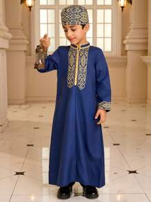 Young Boy Geometric Print Patchwork Ribbon Collar Long Sleeve Long Shirt - Royal Blue - View 3