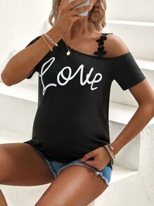 SHEIN Maternity Summer Asymmetric Neck Ruffle Sleeve Printed Short Sleeve T-Shirt - Black - View 4