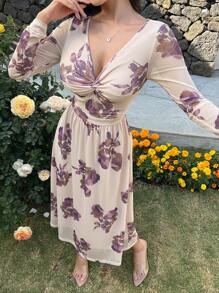 DAZY 1 pieza Vestido midi con estampado floral, cuello en V, mangas abultadas, nudo retorcido para mujer, vestido de playa, vestido largo de manga larga, vestido bohemio para vacaciones - Morado - Ver 1