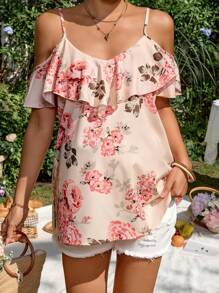 SHEIN Maternity Floral Print Ruffle Relaxed Fit Blouse - Pink - View 7