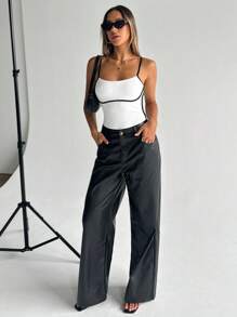 SHEIN Essnce Bodysuit Top Contrasted Strappy Bodysuit Women's Fashionable Contrast Color Trim Cami Bodysuit