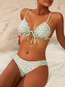 Swim Mod Women's Ditsy Floral Printed Romantic Bikini Set Swimwear Set For Spring, For Summer Beach Vacation - Mint Green - View 1