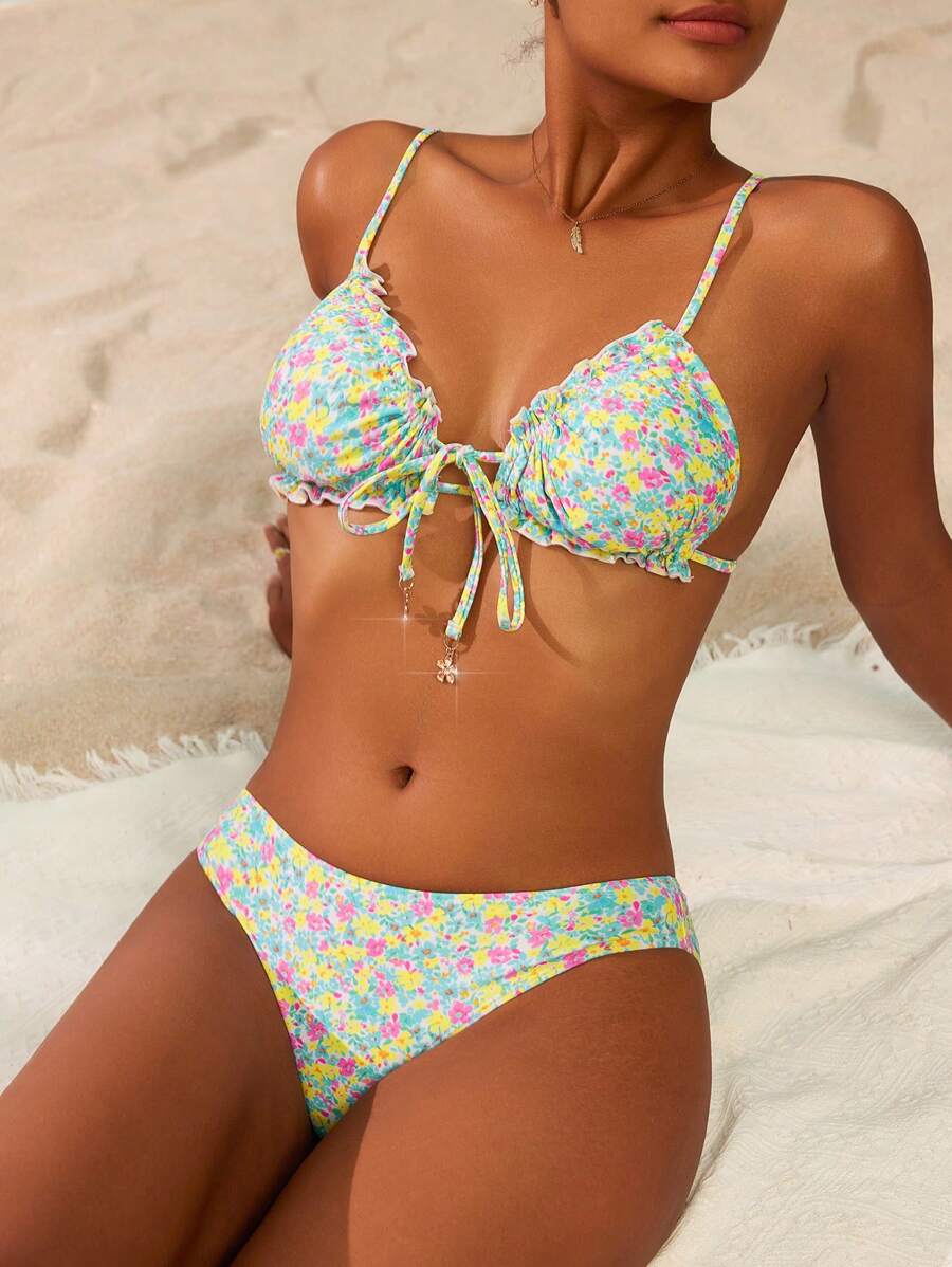 Swim Mod Women's Ditsy Floral Printed Romantic Bikini Set Swimwear Set For Spring, For Summer Beach Vacation - Mint Green - View 1