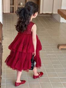 DAZY Young Girl Minimalist Fashion Casual Sleeveless Solid Color Dress, Daily Wear,Girls Summer Outfits Christmas - Red - View 2