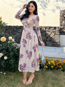 DAZY 1 pieza Vestido midi con estampado floral, cuello en V, mangas abultadas, nudo retorcido para mujer, vestido de playa, vestido largo de manga larga, vestido bohemio para vacaciones - Morado - Ver 8