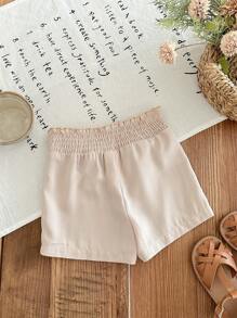 SHEIN LMoss Kids Baby Girl Casual Khaki Bow Decor Shorts, Summer