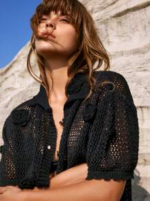 Maija Women's Summer Beach Vacation 3D Floral Decorative Crochet Knit Collared Short Sleeve Beach Cover-Up - Black - View 3