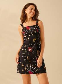 CAJUNI 女士波西米亚风热带菠萝星印花度假休闲夏季短款系带吊带连衣裙 - 彩色 - 查看 3