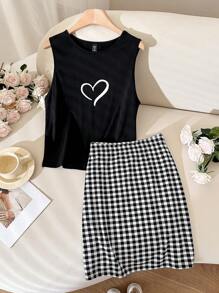 SHEIN Frenchy Plus Size Women's Spring And Summer Fashion Casual Comfortable Daily Love Print Tight Vest And Plaid Hip Skirt Black And White Two-Piece Set,Summer Outfits For Women,Curve Vacation Set,Mom And Daughter Clothes