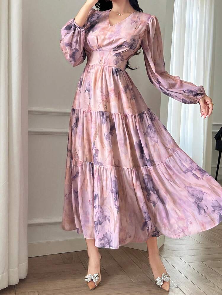 Women's Tie-Dye Print V-Neck Long Sleeve Ruffle Hem Elegant Dress, Fall Dress Vacation Outfits Women Floral Dress Boho