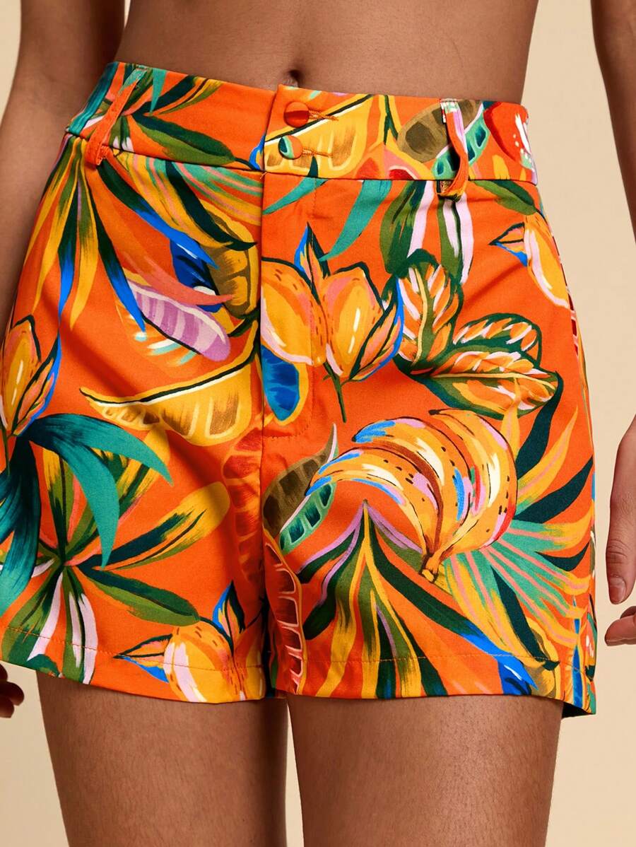 SHEIN VCAY 植物印花休閒時尚短褲 - 橘色 - 查看 1