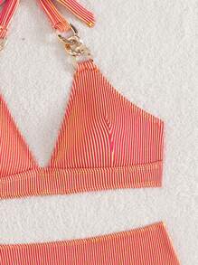 SHEIN Slayr Ombre Color 2pcs Women Halter Tie Neck Chain Bikini Set, Beachwear Summer - Coral Pink - View 5