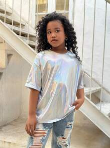 SHEIN Leap Crew Tween Girl Street Cool Knitted Crew Neck Short Sleeve Top - White - View 6