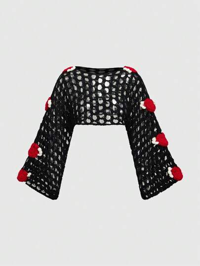 Kawaii Pull ajouré à épaules dénudées, style mignon et sexy avec motifs cœurs et ailes pour femmes grandes tailles. Convient pour la Saint-Valentin