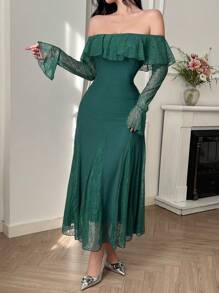 DAZY Women's Elegant Solid Color Lace Panel Off Shoulder Trumpet Sleeve Dress Elegant,Ruffle - Green - View 7