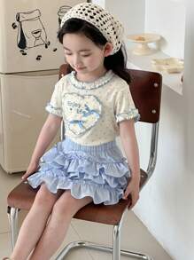 DAZY 2pcs/Set Young Girl Letter Print Ruffle Hem Top And Cake Silhouette Midi Skirt,Girls Summer Outfits - Blue - View 4