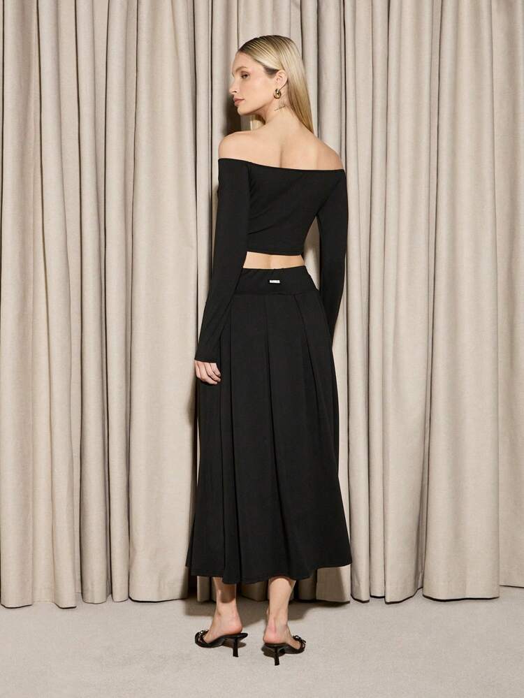 Elegant Off-Shoulder Crop Top Pleated Midi Skirt Two-Piece Outfit