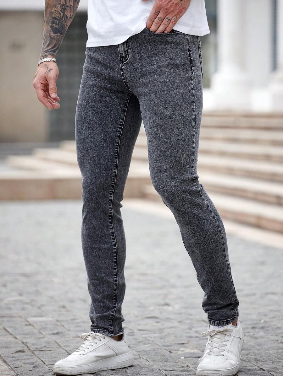 Manfinity Homme Men's Simple Pocket Skinny Jeans, Casual Daily Wear - Grey - View 1