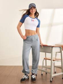 Cheerettes Pantalones de chándal casuales con cintura elástica y bolsillos con estampado de letras para mujeres