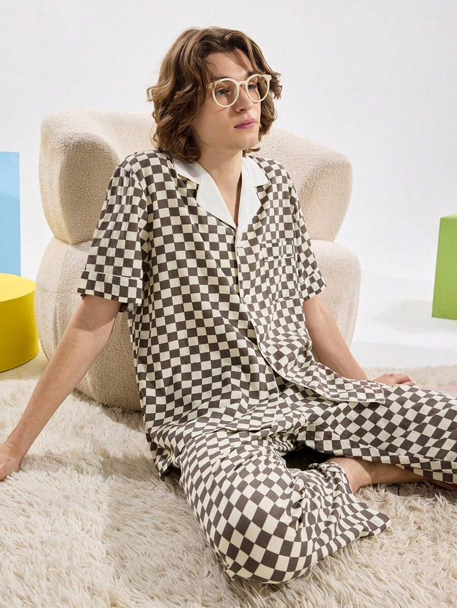 Notgurli 男士棋盘格印花短袖 T 恤和裤子睡衣套装 - 卡其色 - 查看 1