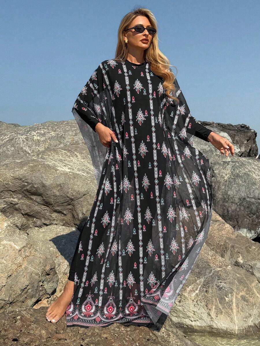 SHEIN Swim Mulvari 3 件套女士简约布基尼套装，优雅度假装，适合夏季海滩度假阿拉伯服装 - 彩色 - 查看 1