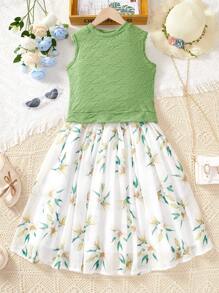 SHEIN 套装少女优雅淑女简约绿色无袖上衣和雪纺优雅裙子，夏季 - 綠色 - 查看 4