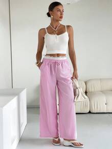 SHEIN Essnce Pink Pants Valentines Clothes Women's Casual Contrast Waistband Striped Wide Leg Pants