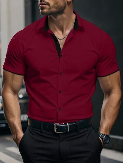Manfinity Mode Plus Size Men's Solid Color Short Sleeve Casual Shirt, Minimalist Fashion For Everyday Wear  Men Dress Shirts Short Men Stylish Shirts Zip Up Shirt Men