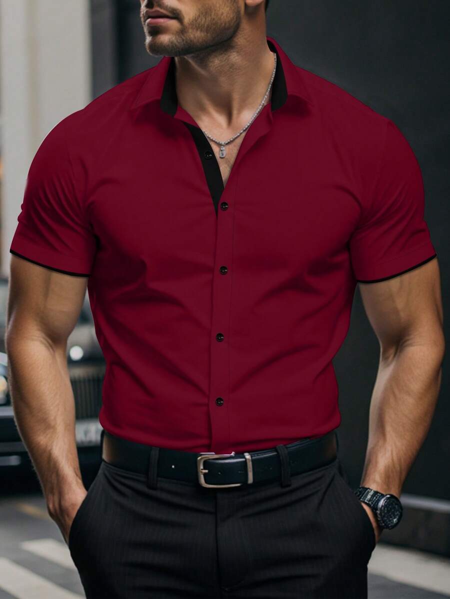 Manfinity Mode 大尺碼男士素色短袖休閒正式襯衫,極簡時尚日常穿搭男裝襯衫,時尚拉鍊式,適合儀式 - 酒紅色 - 查看 1