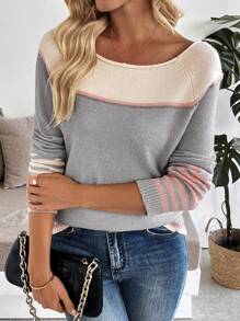 SHEIN LUNE Design Loose Fit Colorblock Crew Neck Pullover Sweater, Popular Knit Pullover Fall Winter