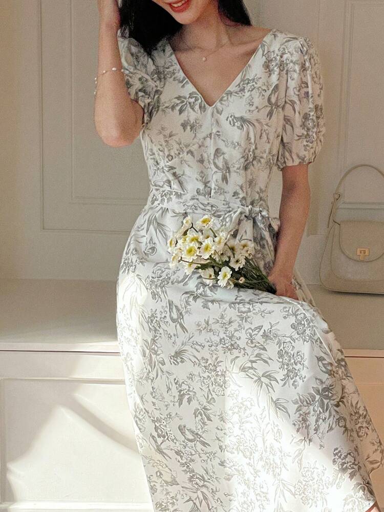 Elegant V-Neck Printed Dress For Women Sundress Floral