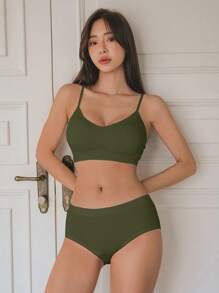 DAZY 2pcs Simple Solid Color Underwear Set For Women, Summer - Army Green - View 5